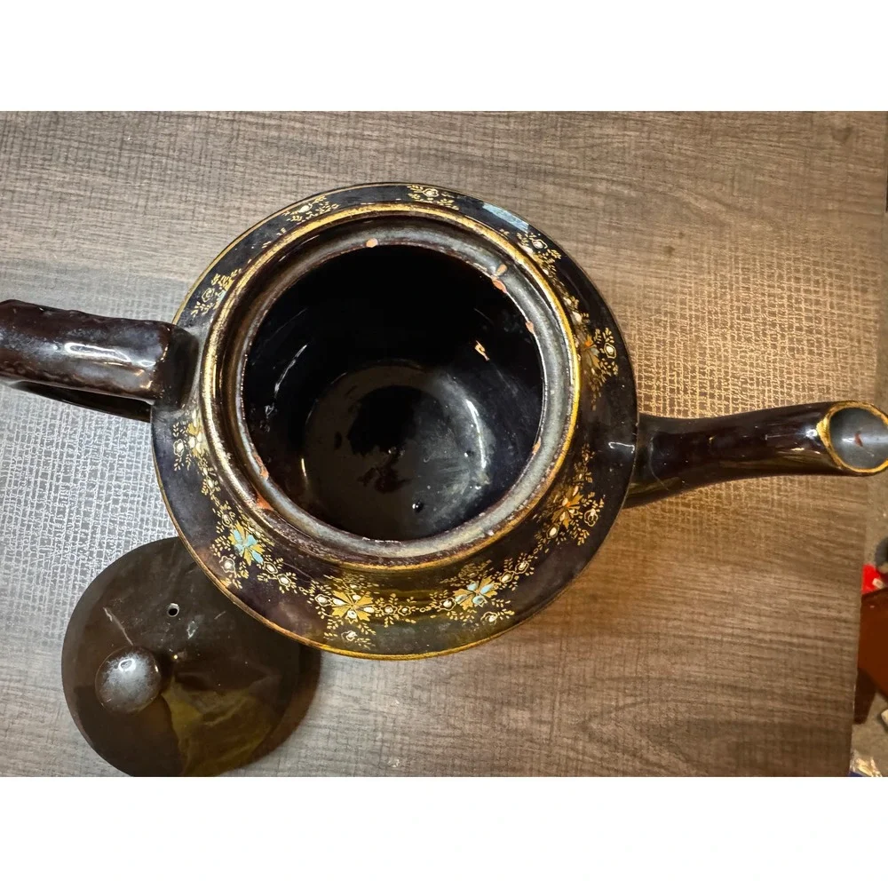 Vintage Moriage Style Teapot Black Gold Floral Made in England Decorative Teawar